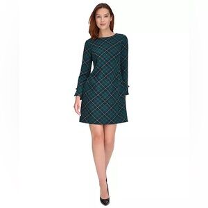 Tommy Hilfiger Women's Plaid Long-Sleeve Bow-Cuff Dress Size 2P